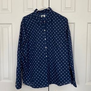Navy blue with white polka dot blouse.